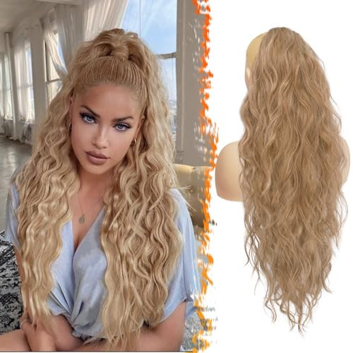 BARSDAR Lang Pferdeschwanz Haarteil, 66cm Lockige Wellige Pferdeschwanz Haarverlängerung mit Kordelzug für Damen Synthetik Clip in Ponytail Extension - Strawberry Blonde Mixed