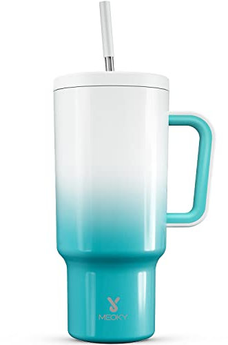 Meoky 1182ml Tumbler with Straw and Lid, 40oz Tumbler with Handle, Insulated Stainless Steel Travel Mug Water Bottle, 100% Leak-Proof, Cold for 34 Hours or Hot for 10 Hours (Azure)