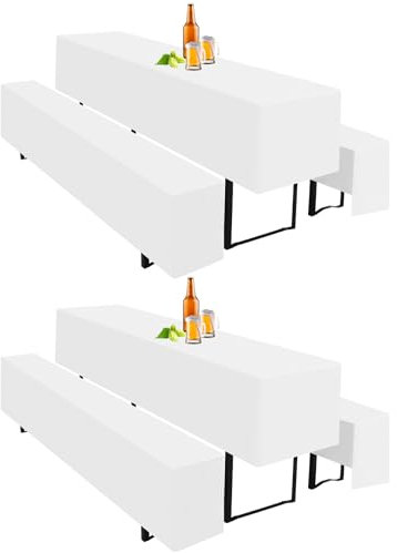 Teruntrue Bierzeltgarnitur Set 3tlg. Einzigartig Gestaltete Hussen für Bierzeltgarnitur 220 x 70cm – 2 Husse Biertisch + 4 Bierbank in Weiß - Biertischhusse Bierbankhusse – Weiß