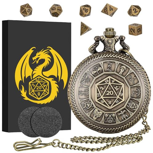 Mini DND Würfel Set, Taschenuhr Gehäuse mit Zahlenwürfel in der Mitte, 7-teilige Polyedrische Metall D&D Würfelset, DND Geschenke mit Geschenkbox, Rollenspiel-Brettspielzubehör Würfel, Bronze