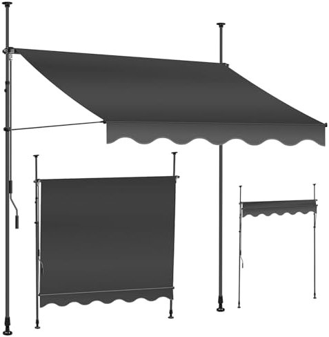 Klemmmarkise Aufrollbar Balkonmarkise, 215~310cm Höhenverstellbar, ohne Bohren, 200~400cm Breit, Regenschutz & Sichtschutz, für Garten Terrasse(Black,350cm)