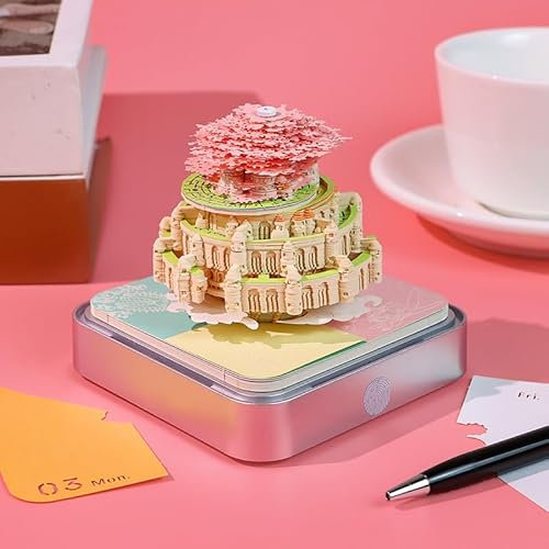 Schreibtischkalender mit Lichtern, 2026 Schreibtisch Kalender 3D Memo Pad Papier Kunst Sakura Baum Kreative 3D Notizblock Papier Schnitzen Geschenk Desktop Dekoration Battery not included