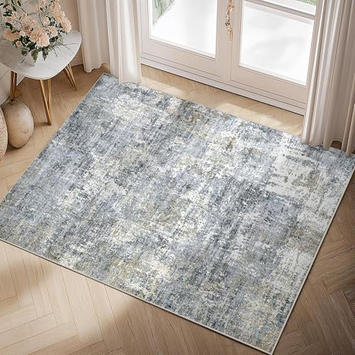 HUGEAR Piccolo tappeto vintage per interni ed ingresso, 60 x 90 cm, tappeto da cucina, astratto, grigio, antiscivolo, per soggiorno, lavabile, camera da letto, zerbino, per ufficio, sala da pranzo,