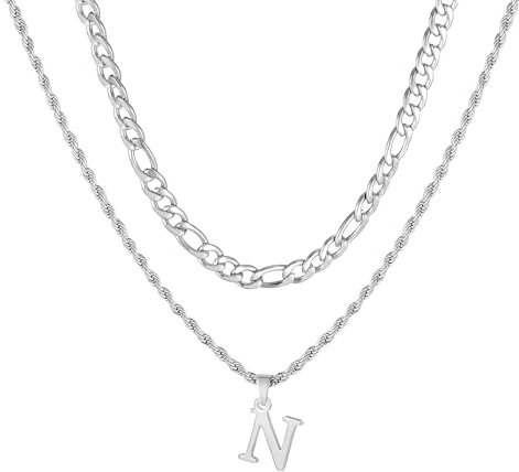 Collar Inicial Para Hombres, Cadena De Acero Inoxidable Y Plata Figaro Torcida Correa De Cuerda Con Colgante De Cadena En Capas De Letras A - Z Collar Hombres CumpleañOs Regalo Padre (Plata N)