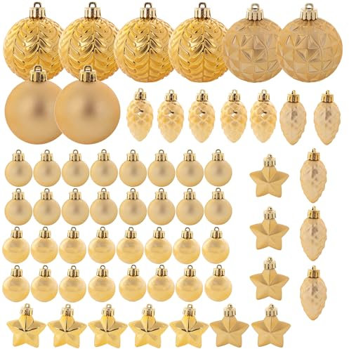 KADAX Weihnachtskugeln aus Kunststoff, Set aus 60 Kugeln, Christbaumkugeln, Weihnachtsbaumkugeln, Baumkugeln, Christbaumschmuck, Weihnachtsdeko (Gold)