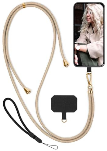 moex Unleash für ZTE Blade A54 Handyband zum Umhängen ohne Hülle, Handykette Universal mit Karabiner, Handy Band abnehmbar, Kette mit Pad für Handyhülle, Beige, Gold