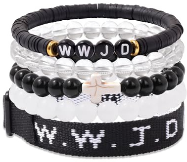Risyfjew WWJD Armband-Set für Damen und Herren, verstellbar, christliches Kreuz-Armband, stapelbar, Boho-Ton, Perlen, Stretch-Glasperlen, inspirierend, christlicher Schmuck, Geschenk, 19 cm, Perlen