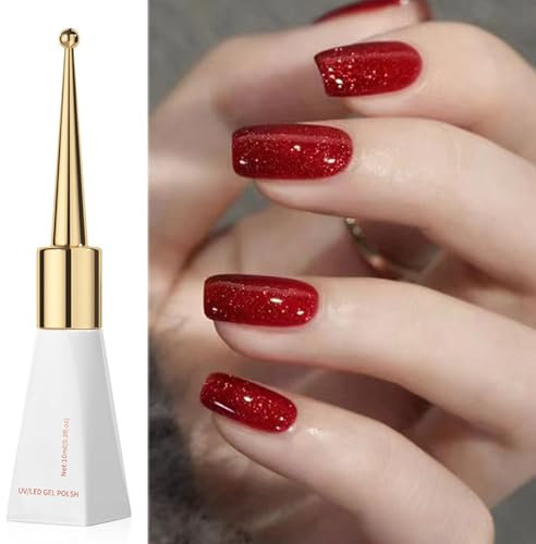 Glitter Gel Nail Varnish, Shimmering Red with Sparkling Diamond, Highly Pigmented UV/LED Soak Off Gel for Nail Art Salon DIY at Home