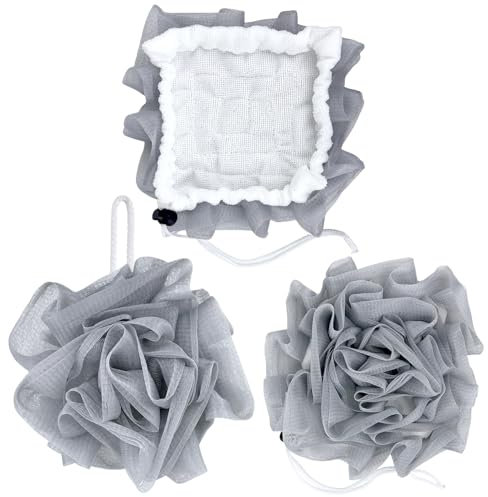 Esponja de baño 2 en 1, esponja de baño de lufa, esponja de baño, esponjas para frotar y limpiar, estropajos corporales para usar en la ducha para hombres y mujeres, suministros de baño (gris)