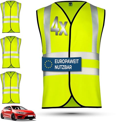 OMKA Warnwesten 4er Set Auto – Sicherheitswesten Herren & Damen nach EN ISO 20471:2026 – Reflektierende Warnwesten 360° Sichtbarkeit – Europaweit gültige Pannenwesten für PKW, KFZ & Reisen, XL