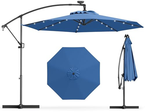 GOPLUS Sombrilla Jardín 300 cm, Sombrilla Terraza Exterior con 8 Costillas, 32 Luces LED Solares, Manivela para Rotación 360°, Inclinable, Protección UV, Base de Sombrilla no Incluida (Azul Claro)