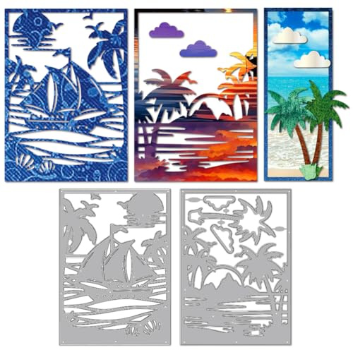 MAYJOYDIY Tropical Beach Die Cut Set - Metal Cutting Dies (Coconut Tree, Sailboat, Waves) for Card Making & Scrapbooking - Summer Seaside Themed Paper Craft Stencils for Greeting Cards & Home Decor