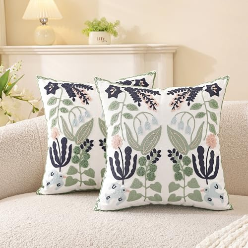 TAOSON Blue Green Floral Embroidered Throw Pillow Covers,18 x18“,Set of 2