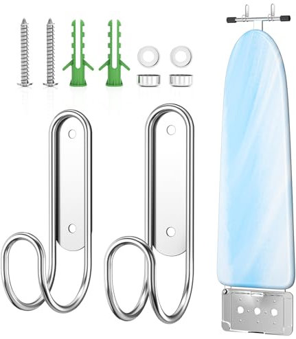 Bügelbrett Wandhalterung, Bügelbrett Halter, Bügelbrett Aufhängung aus Edelstahl, Halterung für Bügelbrett mit Abnehmbaren Haken, Bügelbretthaken für Waschküche, Wohnzimmer, Badezimmer