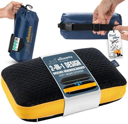 alkamto Reisekissen + Extra Reise-Nackenkissen – Campingkissen – 40 x 25 x 10 cm Ergonomisches Memory-Schaum-Kissen mit Temperaturregulierendem Bezug – Inklusive Reisetasche