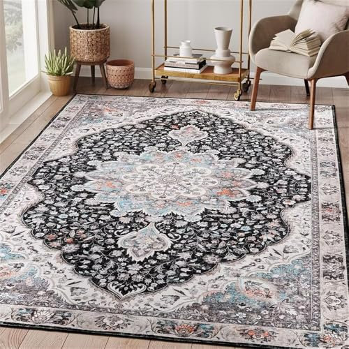 RUGMRZ WohnzimmerteppichTeppich Bürostuhl Geeignet balkondekoration 90x150CM Kinderteppich blauSchwarzer Grauer Blumenteppich kuschelige teppiche