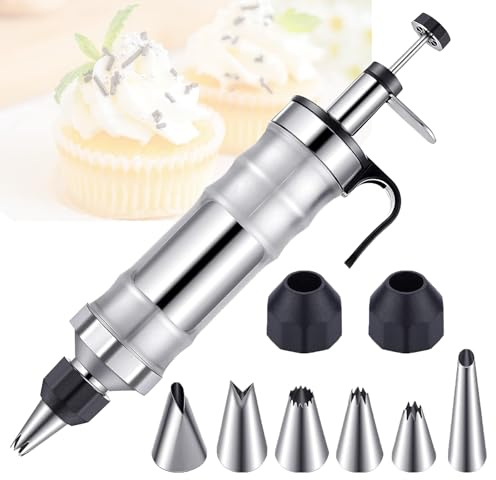 Guokanfly Kuchenspritze, Kuchenspritze aus Edelstahl, Sahnespritze mit 6 austauschbaren Düsen, Gebäckspritze, Backspritze, wiederverwendbar, Gebäckspritze für Kuchen und Kekse