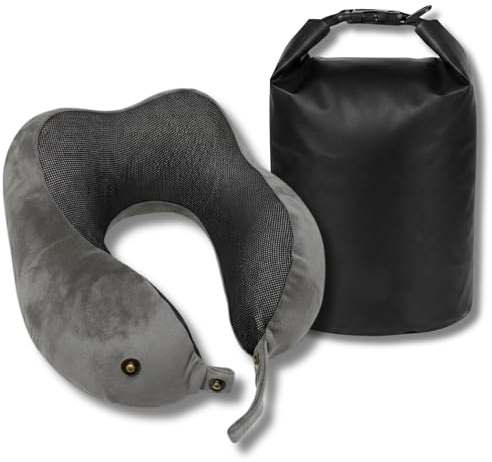 Backpacker's Journey Nackenkissen Reise & Flugzeug Memory Foam – Ergonomisches Nackenhörnchen inkl. Wasserdichter Tasche (Dry Bag) zur Befestigung am Gepäck – 6-Fach Verstellbar & Waschbar