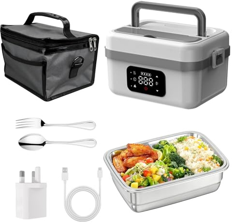 Bekasa 1L Rechargeable Lunch Box, Cordless Electric Lunch Box, Battery Powered Stainless Steel Self-Heating Food Warmer with Digital Screen, Fast Heating, for Car Work Travel Picnic