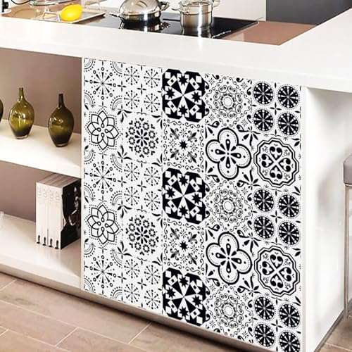 Klebefliesen Schwarz Weiß Muster Mosaikfliesen Pvc Fliesenaufkleber Boden Klebefliesen Küche Bad Fliesensticker Wasserdicht Fliesenaufkleber Selbstklebende Fliesen Folie Tile Sticker 20x20cm/10 Pcs