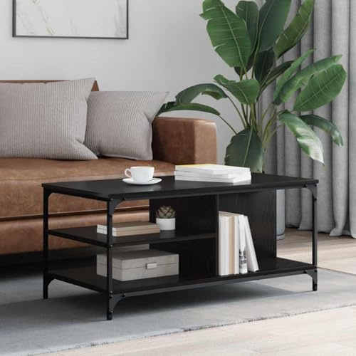 mtlskopl Couchtisch Schwarz Eiche-Optik 100x50x45 cm Holz Metallrahmen 3 Regale Industrial-Look Stauraum Beistelltisch