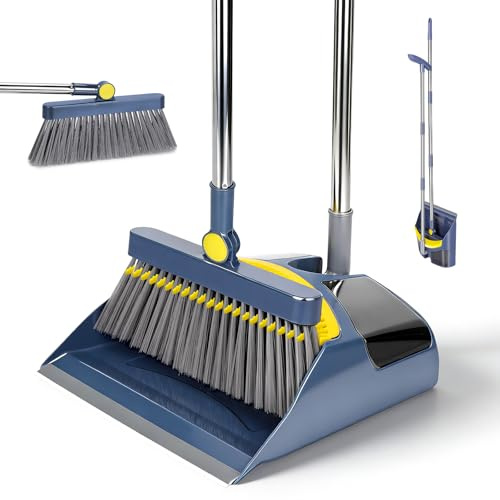 MASTERTOP Ensemble Balai et Pelle Balayette Long Manche, Balai Brosse -Bleu | 180° Rotatif Poils Doux, Manche Ergonomique 112 cm, Pliable avec Peigne Démêlant – Intérieur, Extérieur, Maison, Bureau