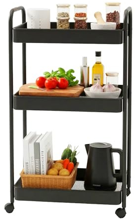 Relaxdays Rollwagen, 3 Mesh-Etagen, Servierwagen, Küchenwagen Bad & Büro, HBT: 78x43x30 cm, Bastelwagen Metall, schwarz