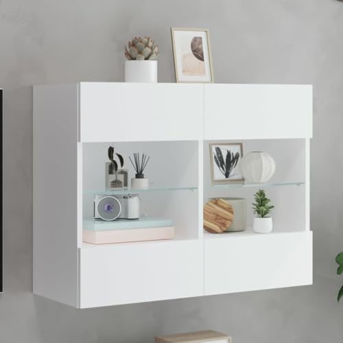 GeenYuu Meuble TV Mural Blanc avec lumières LED RVB, Bois d'ingénierie 78,5x30x60,5 cm, 2 étagères en Verre, 4 Compartiments, Rangement pour Salon séjour multimédia Moderne