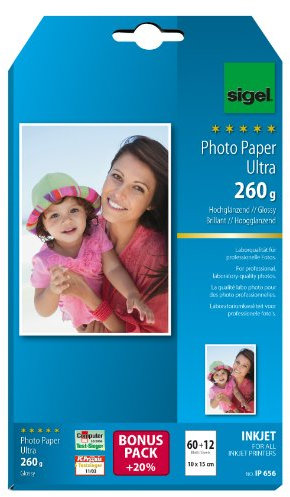 SIGEL IP656 InkJet-Fotopapier Ultra, 10x15 cm, 60 + 12 Blatt gratis, hochglänzend, extrem lichtbeständig, 260 g, für hochwertige Fotografien