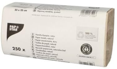 Papstar, 250 hojas de papel toalla de mano (23 cm x 25 cm, natural de zigzag, pliegue v, 1 capa, # 17199