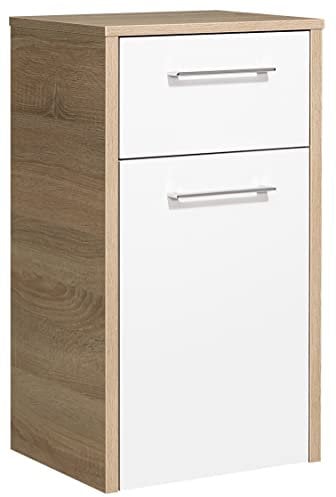 Pelipal Badezimmerschrank Quickset 382 in Weiß Hochglanz/ Eiche Natur quer Nachbildung, 40 cm breit | Unterschrank mit 1 Tür, 1 Schubkasten und 1 Einlegeboden