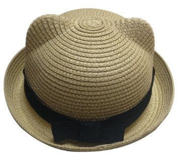 JTC Kinderhut mit Schwarzband Deko Katze Ohr Unisex Melone Mütze Kalotte Strohhut 9 Farben (Beige)