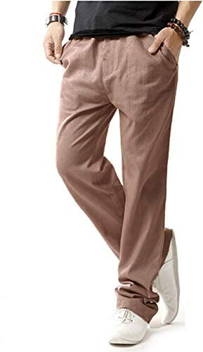 Hoerev Men Casual Beach Trousers Linen Trousers Pants, Brown, M