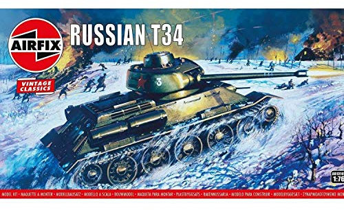 Airfix Vintage Classics Set - A01316V Russian T34 - Plastic Model Tank Kits for Adults & Children 8+, Set Includes 58 Pieces, Sprues & Decals - 1:76 Scale Model Tank Set