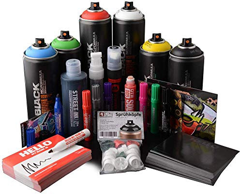 Starter Set Graffiti Street Art Workshop Atelier - Montana Sprühdosen Squeezer Molotow Marker Hello My Name Sticker 200 Aufkleber Edding Stifte permanent wasserfest hohe Deckraft - ideal für Anfänger