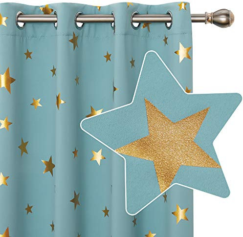 Deconovo Ösengardinen Verdunkelungsvorhang Sterne Blickdicht Gardinen Thermo Schlafzimmer, 183x117 cm(HöhexBreite), Himmelblau, 2er Set