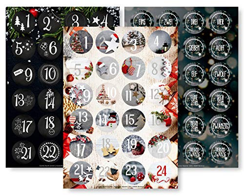 Adventskalender Aufkleber Set (Zahlen 1-24) - 3 x 24 Sticker für Kalender zum selber basteln für Weihnachten - Adventskalenderzahlen Etiketten selbstklebend - Zahlenaufkleber - Nummern Papiertüten