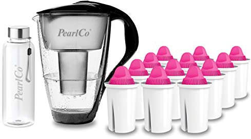 PearlCo - Glas-Wasserfilter (schwarz) mit 12 Magnesium classic Filterkartuschen + 1 Trinkflasche aus Glas
