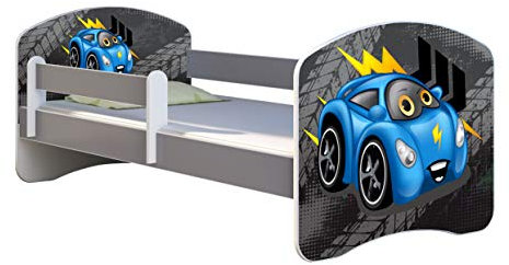 ACMA Kinderbett Jugendbett mit Einer Schublade und Matratze Grau mit Rausfallschutz Lattenrost II (04 Blaue Auto, 160x80)