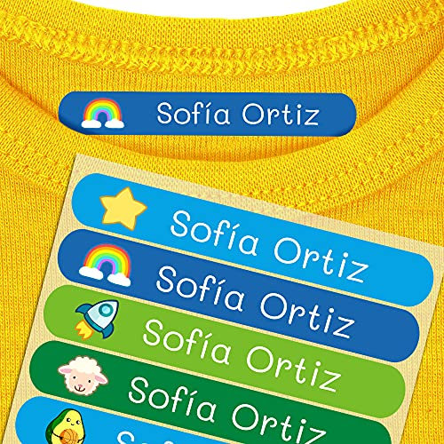 50 Etiquetas termoadhesivas personalizadas para marcar la ropa de los niños. Pegatinas para planchar, resistentes a lavadora y secadora. Tamaño 6 x 1 cm. (Paleta 5)
