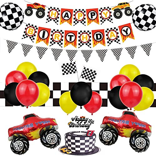 Rennwagen Geburtstag Party Deko Monster Truck PartyzubehöR Set,48 Stk Truck Geburtstag Party Dekorationen Mit Happy Birthday-Bannern, Monster-Truck-Bannern, Luftballons,Cake Topper