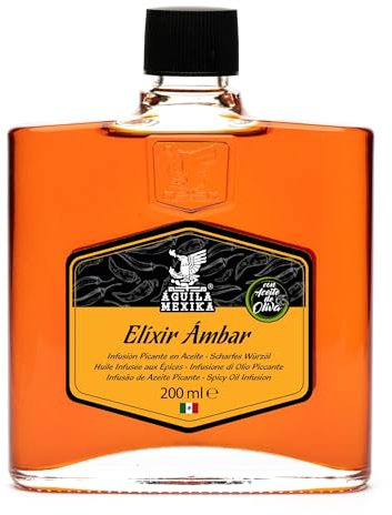 ÁGUILA MEXIKA® | Elíxir Ámbar - Huile gastronomique infusée aux épices, composée de trois variétés de piment mexicain : Chipotle, Morita & De Árbol, et d’ail, à l'huile d'olive vierge.