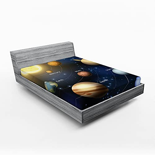 ABAKUHAUS Lehrreich Spannbetttuch, Planeten des Sonnensystems, Soft Dekorativer Stoff Bettwäsche Rund-um Elastischer Gummizug, 120 cm x 190 cm, Nachtblau Ringelblume