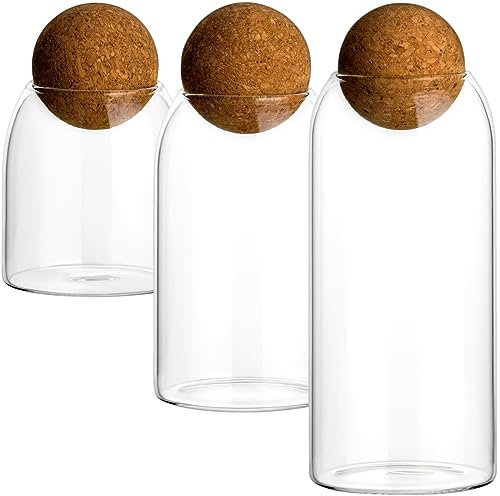 gouveo 3er Set Vorratsglas rund mit Kugel-Korken 400 ml / 650 ml / 900 ml - Vorratsdosen aus Borosilikatglas mit Korkverschluss - Glasbehälter Küche für Gewürze, Pasta, Kaffee, Süßigkeiten