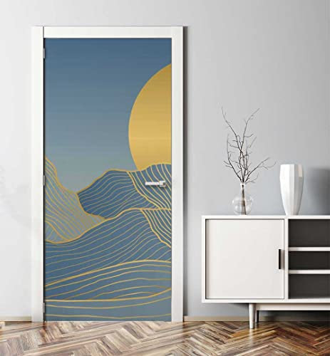 MyMaxxi - Tür bekleben mit Türtapete Türposter Türfolie Selbstklebend 90x200 minimalistische Gebirgslandschaft - Tür verschönern Türaufkleber Türklebefolie Berge Steine blau