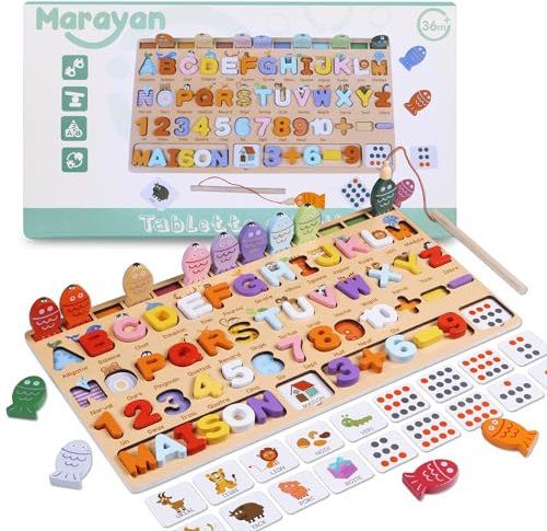 MARAYAN Montessori Kleinkinder Spielzeug auf Französisch ab 3 4 5 Jahre-angelspiel Holz-Puzzle zur Förderungvon Motorik und Koordination-Kinder Mathe Stapeln Anzahl-Zahlen und Buchstaben Lernen