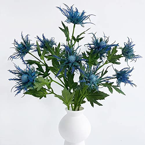 YalzoneMet 4xblaue Distelblumen, künstliche Dekoration, 66 cm langer Stiel, Meeres-Stechpalmen-Blumenstrauß, lebensechte künstliche blaue Pflanze, Distel, Büro, Dekoration