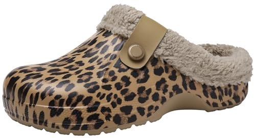 ChayChax Damen Clogs Gefüttert Herren Winter Hausschuhe Wasserdicht Warme Pantoffeln Plüsch Pantoletten Rutschfeste Outdoor Winterschuhe, Leopard, 35/36 EU