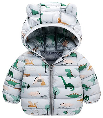 JinBei Manteau Hiver pour Bébé Garçon, Blousons à Capuche Enfants Dinosaure Doudoune Léger Veste, Oreilles 3D Manche Longues Rembourrée Fermeture éclair Gris Veste D'hiver âge 2-3 Ans