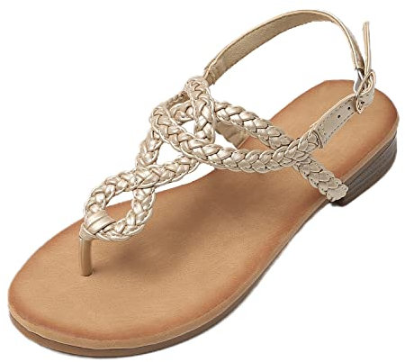 JOMIX Sandalen Damen Sommer Flache Zehentrenner Freizeit Bohemia Flip Flops Elegant Bequeme Strandschuhe mit Riemchen (Gold, 37 EU)